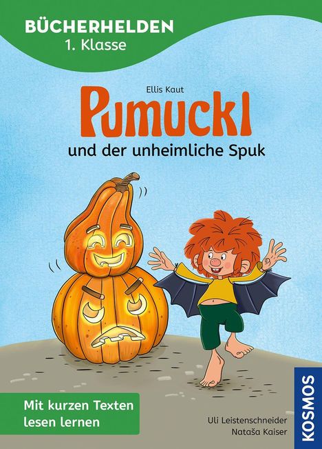 BÜCHERHELDEN 1. Klasse, Pumuckl und der unheimliche Spuk. Illustration: Pumuckl mit Kürbis, freudig und verspielt.