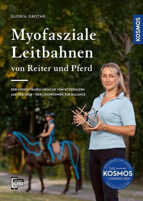 Buchcover: "Myofasziale Leitbahnen von Reiter und Pferd". Frau mit Modell, Reiter auf Pferd im Hintergrund, "KOSMOS" Logo.