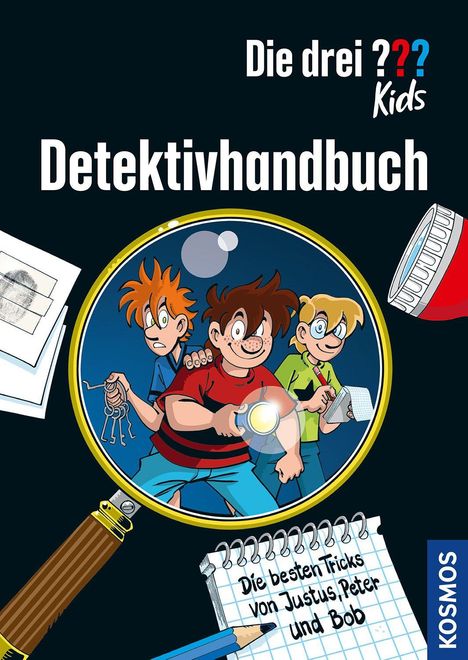 "Die drei ??? Kids Detektivhandbuch" und "Die besten Tricks von Justus, Peter und Bob". Illustration: Drei Kinder mit Taschenlampe.