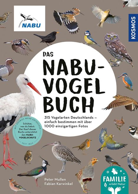 "Das NABU-Vogelbuch" steht in großen Buchstaben, umgeben von Illustrationen verschiedener Vogelarten.