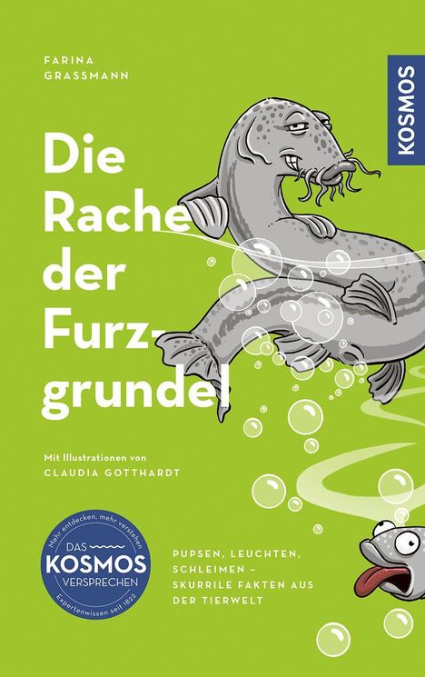 „Die Rache der Furzgrundel“ auf grünem Hintergrund, Illustration eines Fisches mit Blasen daneben.