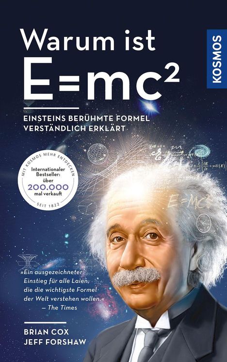„Warum ist E=mc²“ steht oben, gefolgt von „Einsteins berühmte Formel verständlich erklärt“. Eine Zeichnung von Einstein.
