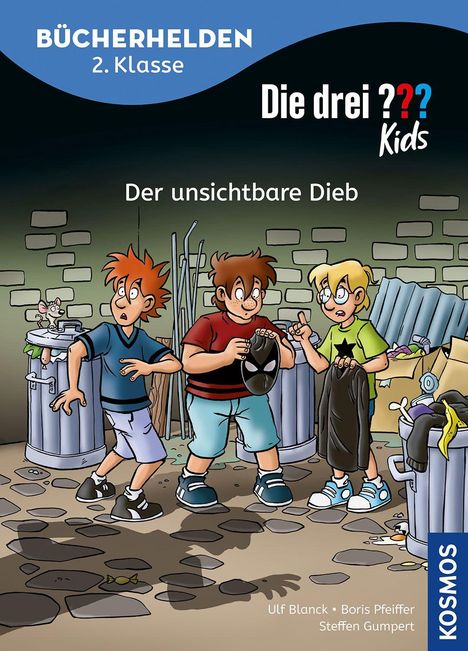„BÜCHERHELDEN 2. Klasse,“ „Die drei ??? Kids,“ „Der unsichtbare Dieb.“ Drei Jungen in einem Hinterhof, neugierig.