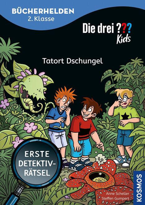 „BÜCHERHELDEN 2. Klasse“, „Tatort Dschungel“, „ERSTE DETEKTIV-RÄTSEL“. Drei Kinder im Dschungel, umgeben von Pflanzen.