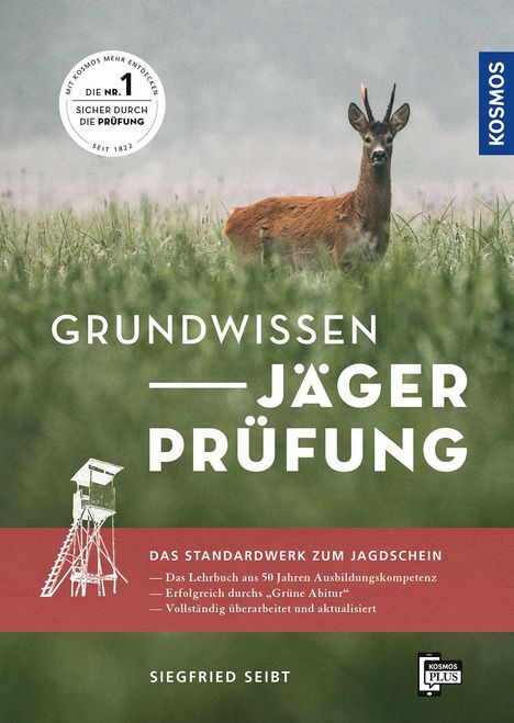 "Grundwissen Jägerprüfung" und "Das Standardwerk zum Jagdschein". Ein Hirsch steht in hohem Gras, mit einem Hochsitz links.