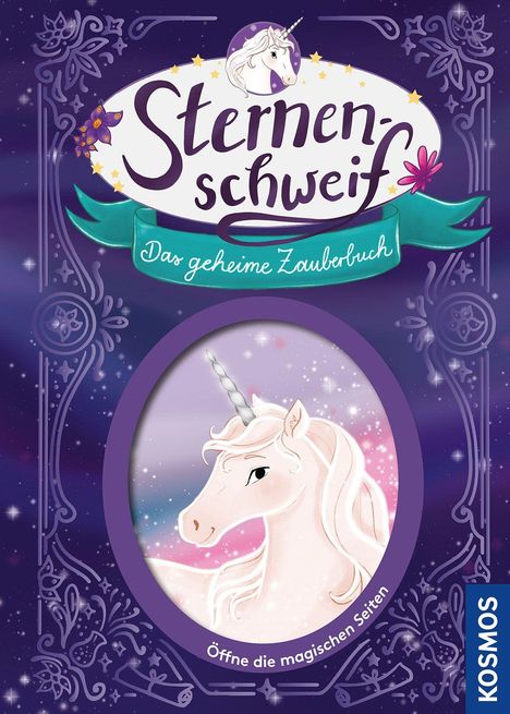 "Sternenschweif, Das geheime Zauberbuch. Öffne die magischen Seiten." Illustration: Einhorn vor lila Hintergrund.