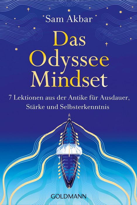 „Das Odyssee Mindset“ von Sam Akbar, 7 Lektionen aus der Antike. Illustration: Boot auf blauem Wasser mit Wellenlinien.