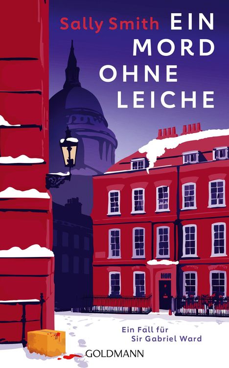 "Sally Smith, Ein Mord ohne Leiche. Ein Fall für Sir Gabriel Ward." Winterliche Szene mit roten Gebäuden und Kuppel im Hintergrund.
