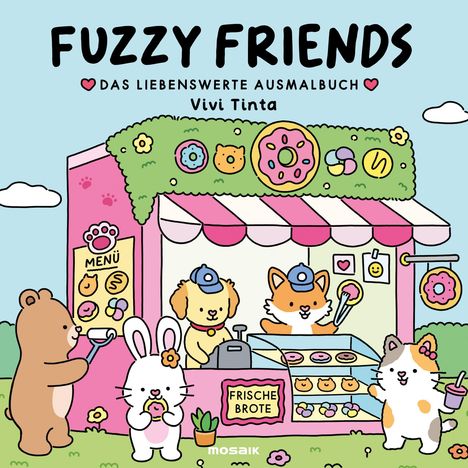 "Fuzzy Friends: Das liebenswerte Ausmalbuch" von Vivi Tinta. Eine bunte Illustration mit Tieren in einem Verkaufsstand.