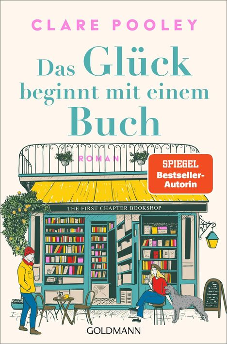 „Das Glück beginnt mit einem Buch“ von Clare Pooley. Buchladenfront mit Personen, Hund und Pflanzen.