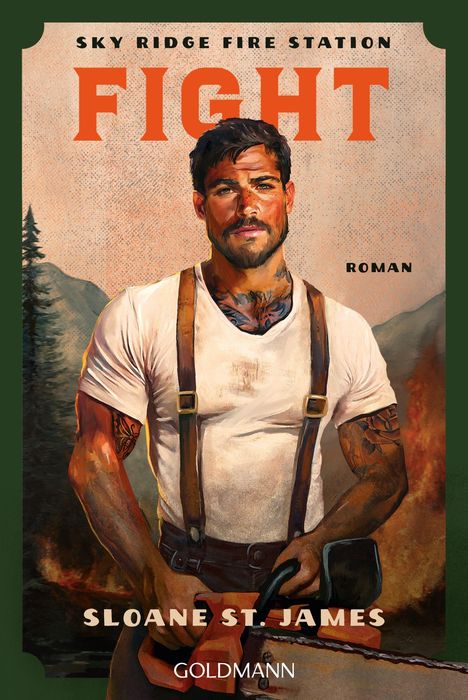 „SKY RIDGE FIRE STATION FIGHT“, ein Roman. Illustration eines Mannes mit Tattoos und Kettensäge.