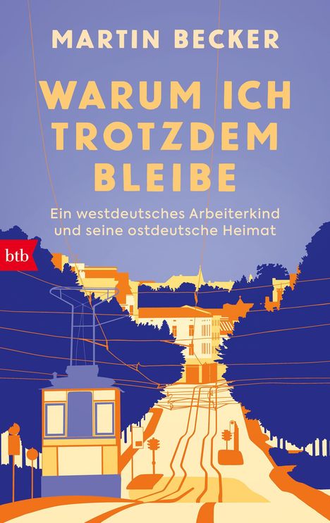 Titel: Warum ich trotzdem bleibe. Autor: Martin Becker. Eine stilisierte Stadtansicht mit Straßenbahn und Bäumen in Orange und Blau.