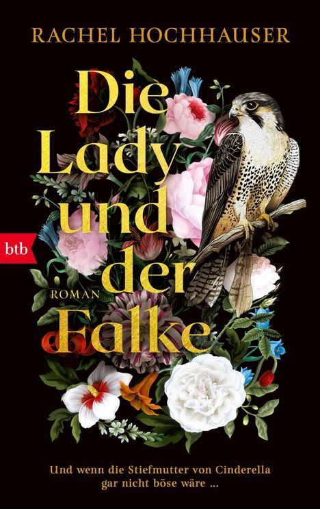 "Die Lady und der Falke" von Rachel Hochhauser. Ein Falke sitzt auf einem Ast, umgeben von bunten Blumen.