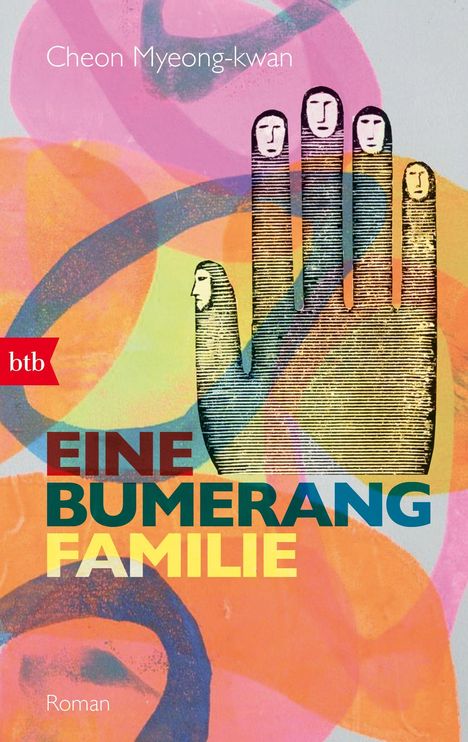 „Cheon Myeong-kwan“, „Eine Bumerang Familie“ und „Roman“. Illustration: Hand mit Gesichtern auf den Fingern, bunte Formen.