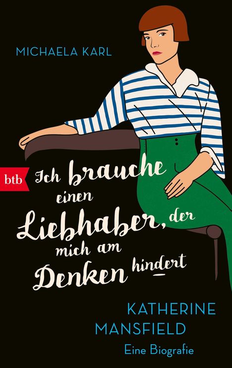 Michaela Karl: "Ich brauche einen Liebhaber, der mich am Denken hindert." Illustration einer Frau im Streifenshirt.