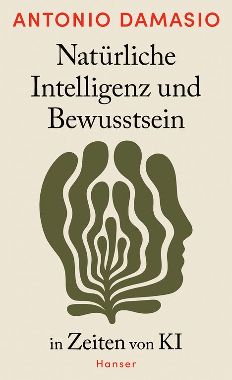 „Natürliche Intelligenz und Bewusstsein in Zeiten von KI“ von Antonio Damasio. Eine stilisierte Illustration eines Kopfes.