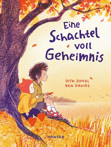 Text: „Eine Schachtel voll Geheimnis“, „Dita Zipfel“, „Bea Davis“, „Hanser“. Illustration: Zwei Kinder unter einem Herbstbaum.