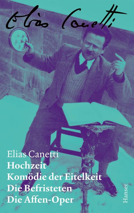 Elias Canetti, Titel: Hochzeit, Komödie der Eitelkeit, Die Befristeten, Die Affen-Oper. Ein Mann mit Buch und Wand im Hintergrund.