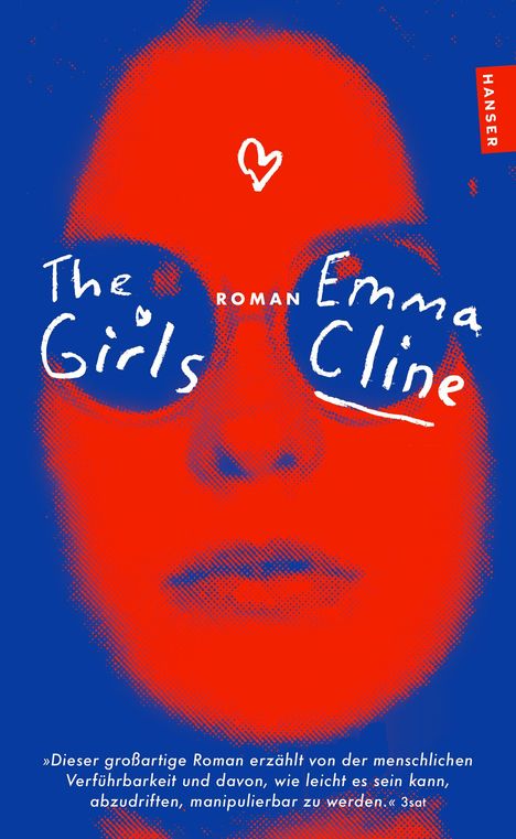 "The Girls", Roman von Emma Cline. Illustration in Blau und Rot mit einem stilisierten Gesicht und einem Herz.