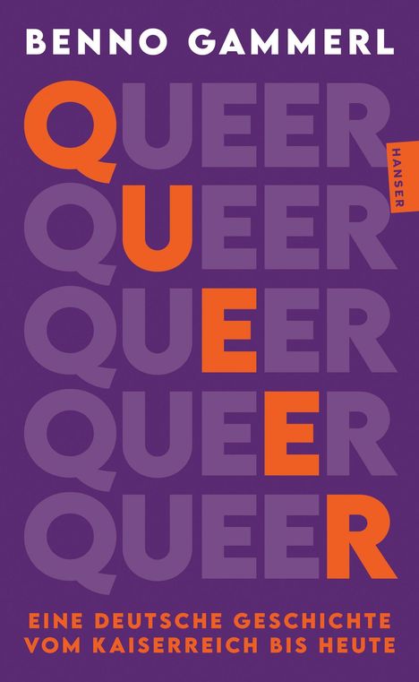 Text: "QUEER" mehrfach in Lila und Orange, "Eine deutsche Geschichte vom Kaiserreich bis heute." Lila Hintergrund.