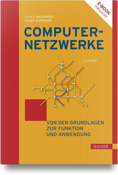 "COMPUTERNETZWERKE. Von den Grundlagen zur Funktion und Anwendung." Ein stilisierter Liniennetzplan, gelber Hintergrund.