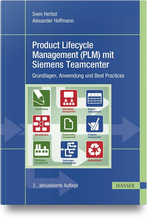 Buchtitel: "Product Lifecycle Management (PLM) mit Siemens Teamcenter". Cover mit neun thematischen Icons wie Konstruktion.