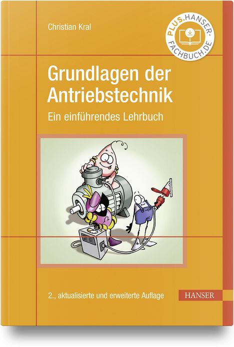 „Grundlagen der Antriebstechnik.“ Illustration mit drei Comic-Figuren, die an einer Maschine arbeiten.
