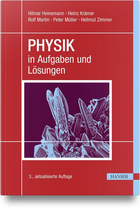 "PHYSIK in Aufgaben und Lösungen" steht in Weiß auf rotem Hintergrund. Darunter ein Bild mit Kristallstrukturen.
