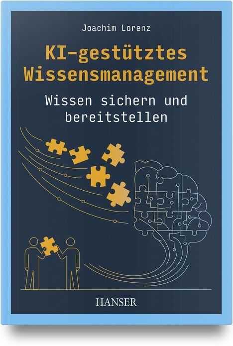 „KI-gestütztes Wissensmanagement: Wissen sichern und bereitstellen“. Illustration: Puzzle-Teile und Gehirn-Symbolik.