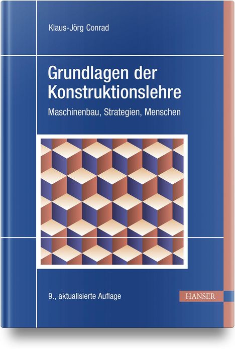 Text: "Grundlagen der Konstruktionslehre. Maschinenbau, Strategien, Menschen. 9., aktualisierte Auflage." Blaues Cover mit geometrischem Muster.