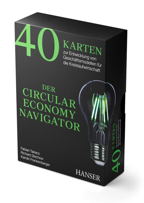"40 Karten zur Entwicklung ... Kreislaufwirtschaft. Der Circular Economy Navigator. Hanser." Glühbirne auf schwarzem Hintergrund.