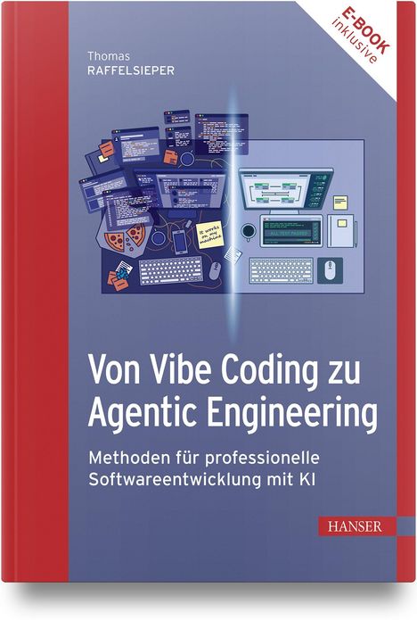 "Von Vibe Coding zu Agentic Engineering" - Buchcover mit Computer-Illustration, Code, Pizza und "E-Book inklusive"-Hinweis.