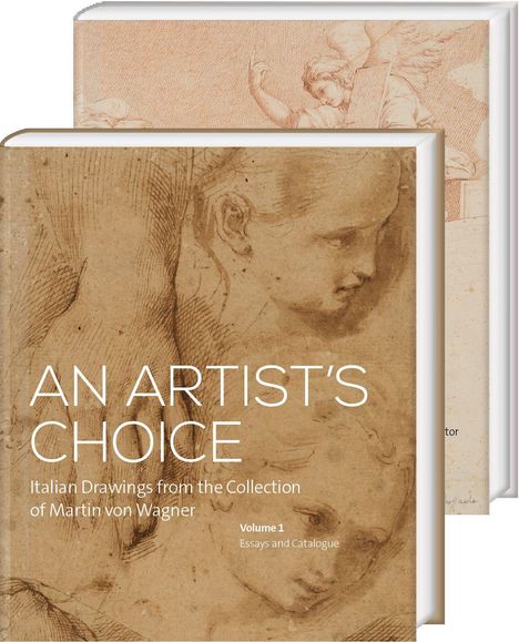 „AN ARTIST’S CHOICE: Italian Drawings from the Collection of Martin von Wagner, Volume 1, Essays and Catalogue“. Es sind Kunstzeichnungen zweier Bücher zu sehen, mit Gesichtsstudien.