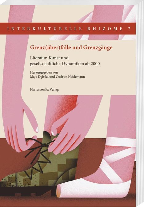 „Grenz(über)fälle und Grenzgänge“. Hände binden Schuhriemen neben Ballettschuhen. Stylisierte Illustration.