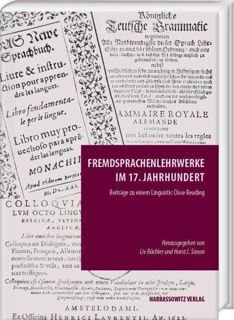 Titel: "Fremdsprachenlehrwerke im 17. Jahrhundert"; bunte Buchcover-Illustration mit historischen Textfragmenten.