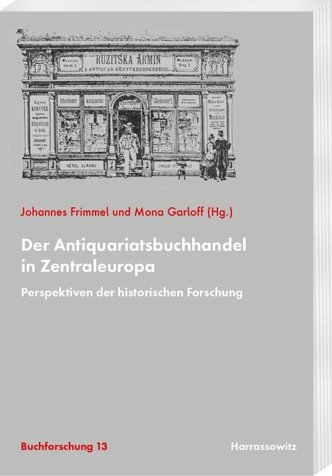 „Der Antiquariatsbuchhandel in Zentraleuropa“ von Johannes Frimmel und Mona Garloff. Illustration: Ladenfassade.