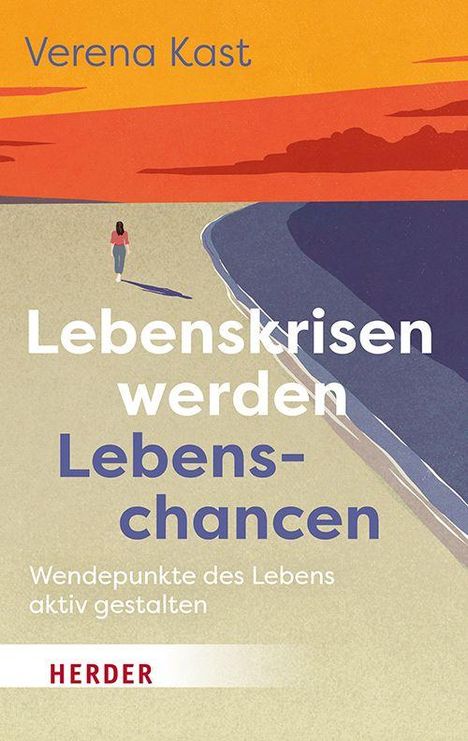 „Lebenskrisen werden Lebenschancen“: Buchcover, Frau am Strand, oranger Himmel, blaues Meer.