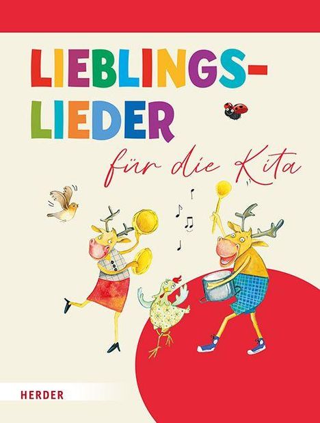 "LIEBLINGS-LIEDER für die Kita" steht in bunten Buchstaben. Verspielte Tiere mit Musikinstrumenten, ein fröhliches Design.