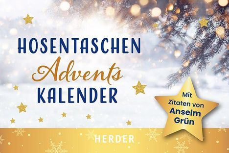 "Hosentaschen Adventskalender" steht im Zentrum. Dekoriert mit goldenen Sternen, zeigt es winterliche Zweige im Hintergrund.