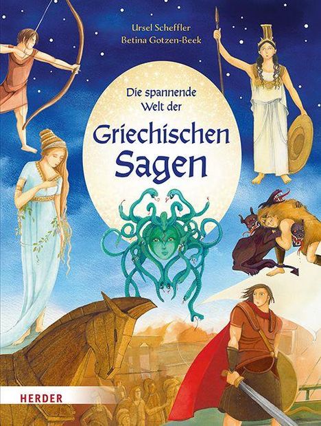„Die spannende Welt der Griechischen Sagen.“ Bunte Illustration mit mythologischen Figuren und Medusa in der Mitte.