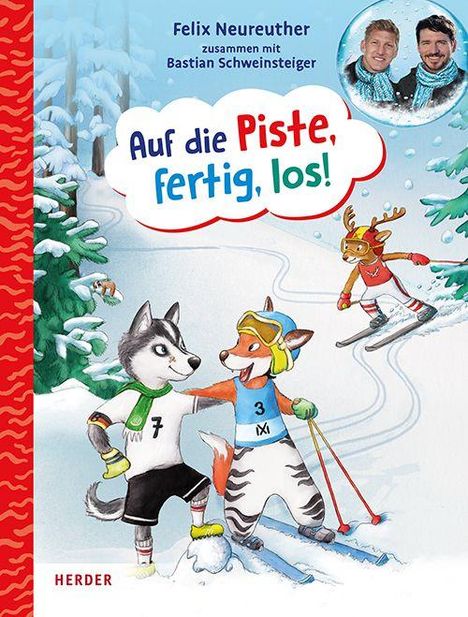 Titel: "Auf die Piste, fertig, los!", Felix Neureuther mit Bastian Schweinsteiger. Illustration von Tieren beim Skifahren.