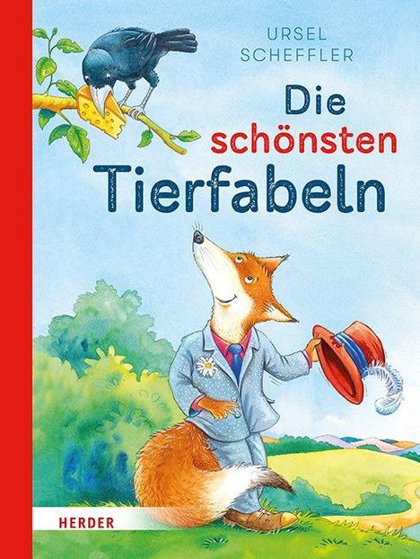 Text: "Die schönsten Tierfabeln". Illustration: Fuchs im Anzug, hebt Hut, sieht Vogel im Baum mit Käse an.