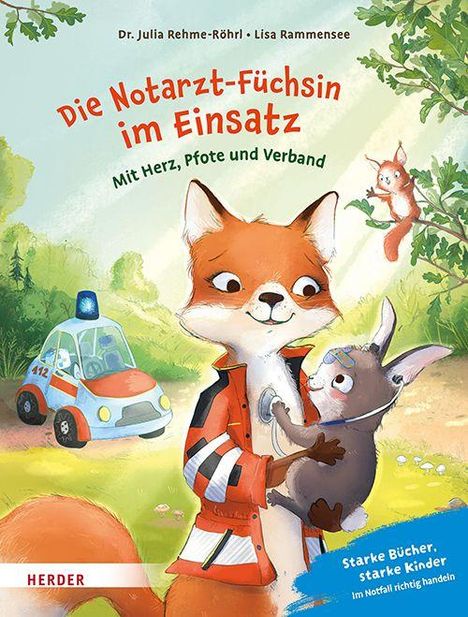 „Die Notarzt-Füchsin im Einsatz. Mit Herz, Pfote und Verband.“ Ein Fuchs in Uniform hilft einem Eichhörnchen.