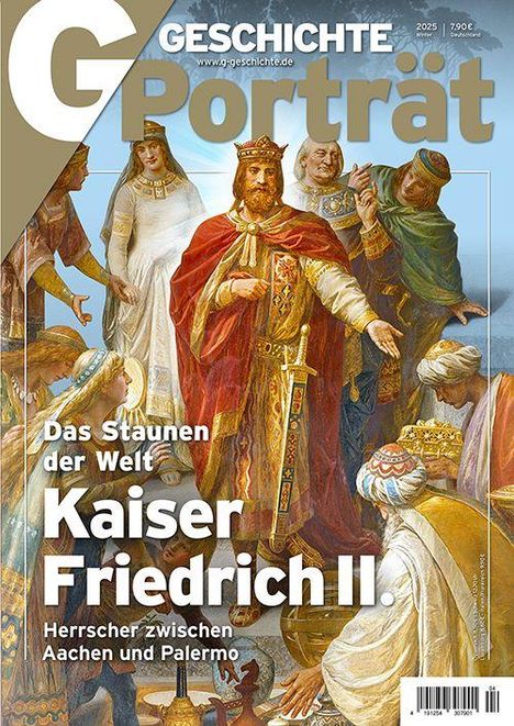 „Das Staunen der Welt: Kaiser Friedrich II., Herrscher zwischen Aachen und Palermo.“ Illustration von Kaiser mit Gefolge.