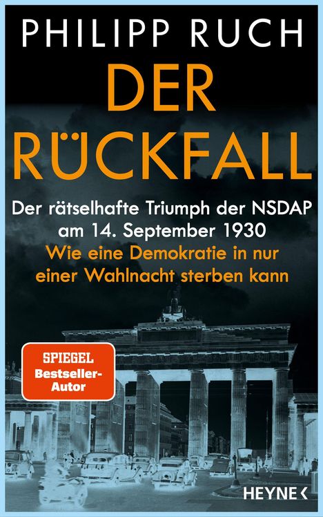 „PHILIPP RUCH DER RÜCKFALL“, „Der rätselhafte Triumph der NSDAP“, „SPIEGEL Bestseller-Autor“. Negativbild des Brandenburger Tors.