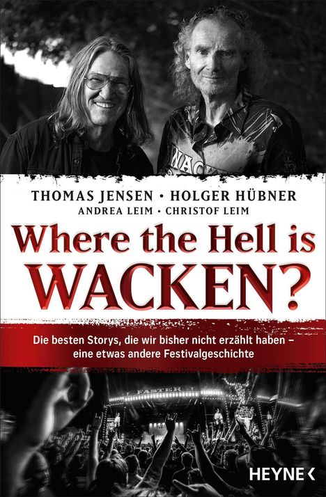 "Where the Hell is Wacken?" von Thomas Jensen, Holger Hübner. Schwarz-weiß Fotos von zwei Personen und Festivalpublikum.