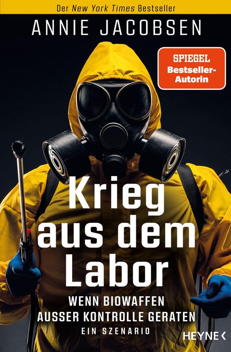 "Krieg aus dem Labor", "Annie Jacobsen", "SPiEGEL Bestseller-Autorin". Figur in gelbem Schutzanzug mit Gasmaske.