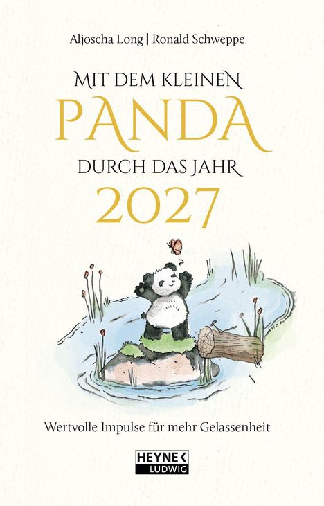 „Mit dem kleinen Panda durch das Jahr 2027“. Illustration: Ein Panda blickt am Wasser auf einen Schmetterling.