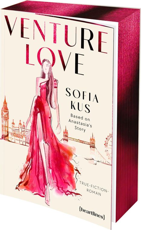 VENTURE LOVE, SOFIA KUS, Based on Anastasia's Story, TRUE-FICTION-ROMAN. Illustration einer Frau in rotem Kleid.
