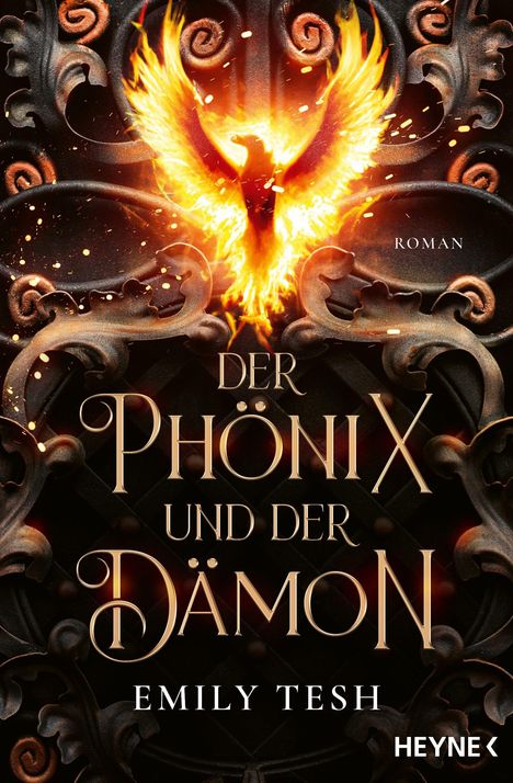 "Der Phönix und der Dämon" von Emily Tesh, Roman. Ein flammender Phönix vor einem verzierten, dunklen Hintergrund.
